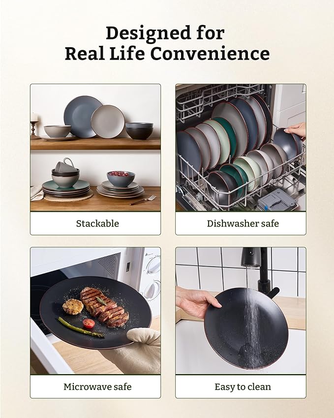 Famiware Venus Stoneware Dinnerware Set with Pasta Bowls for 4 (16 Pieces) Modern Plates and Double Bowls Matte Black - Microwave &amp Dishwasher Safe Dishes with Trim for Everyday &amp Formal Use