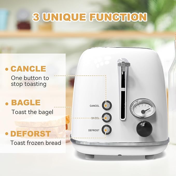 Toaster 2 sliceRetro Stainless Steel Toaster with 6 Settings 1.5 In Extra Wide Slots Bagel/Defrost/Cancel Function Removable Crumb Tray (White)
