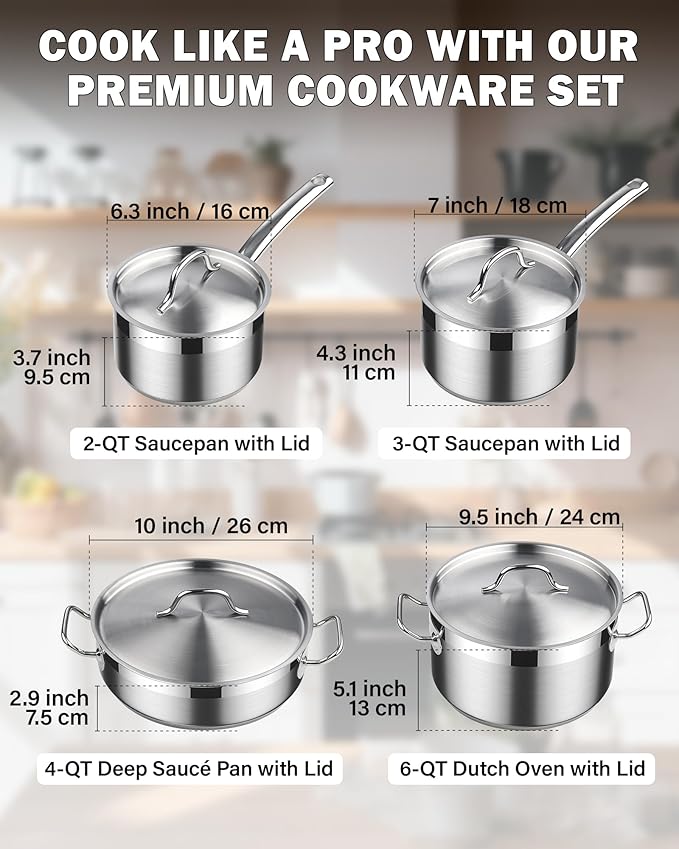 Cooks Standard Kitchen Cookware Sets Stainless Steel Professional Pots and Pans Include Saucepan Sauté Pan Stockpot with Lids 8-Piece Silver