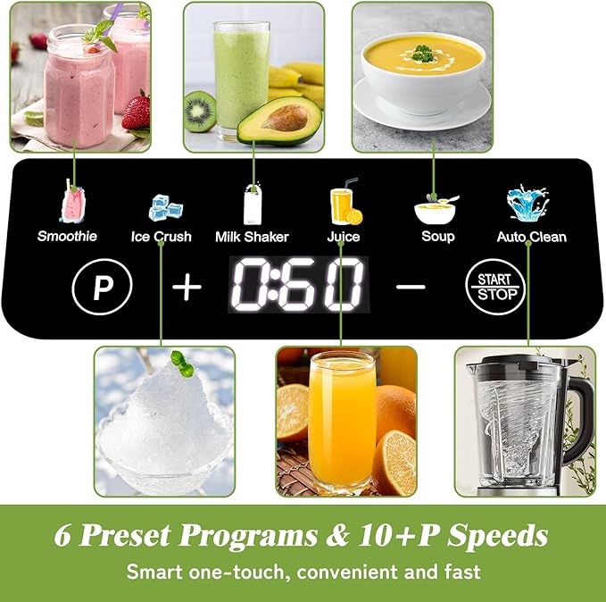 Blenders for Kitchen Countertop Smoothie Blender with 51oz Glass Pitcher Grinder &amp To-Go Cup Combo 10 Speeds Digital Touchscreen Blender for Smoothies Shake Crush Ice Dishwasher Safe