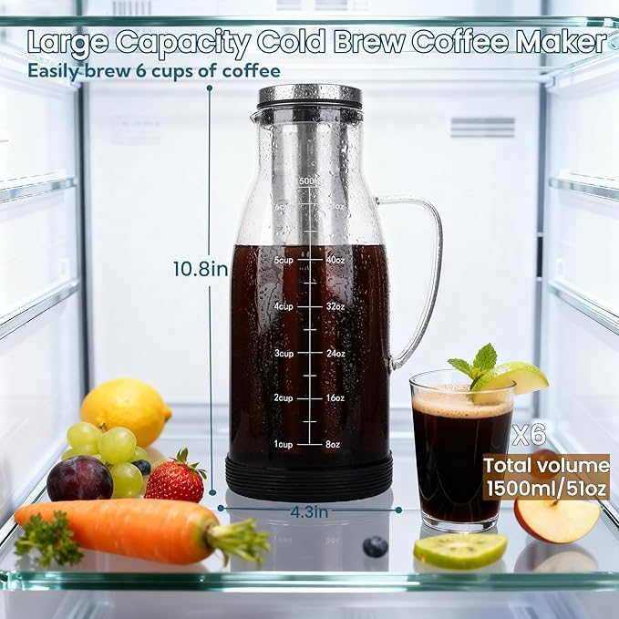 Airtight Cold Brew Coffee Maker Pitcher 51oz Glass Iced Coffee Maker Pitcher with Removable Stainless Steel Filter and Non-Slip Base 1.5L Iced Tea Maker