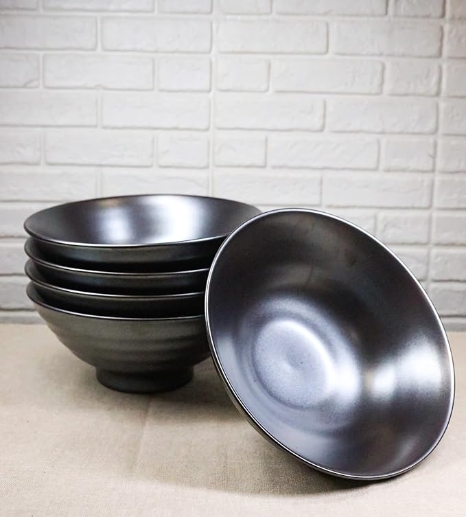 Ebros Gift Iron Black Clay Underglaze Technique Tetsu Kesho Porcelain Dinnerware Kitchen Set Asian Japanese Restaurant Supply (Pack Of 5 Large Salad Pho Ramen Soup Bowl 40oz)