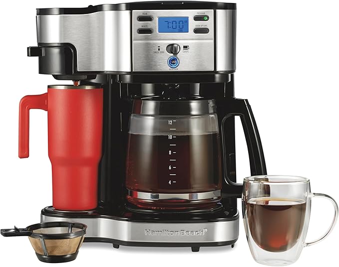Hamilton Beach 2-Way Programmable Coffee Maker 12 Cup Glass Carafe And Single Serve Coffee Maker Black with Stainless Steel Accents 49980RG