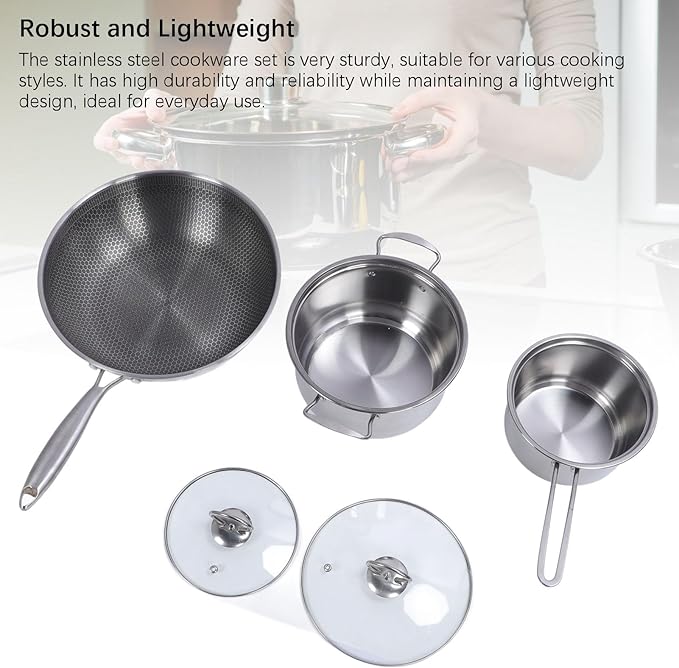 Stainless Steel Anti Stick Pan Set Robust and Lightweight Sauce and Frying Pan Stock Pot Included Multifunctional Cookware Set for Home Kitchen