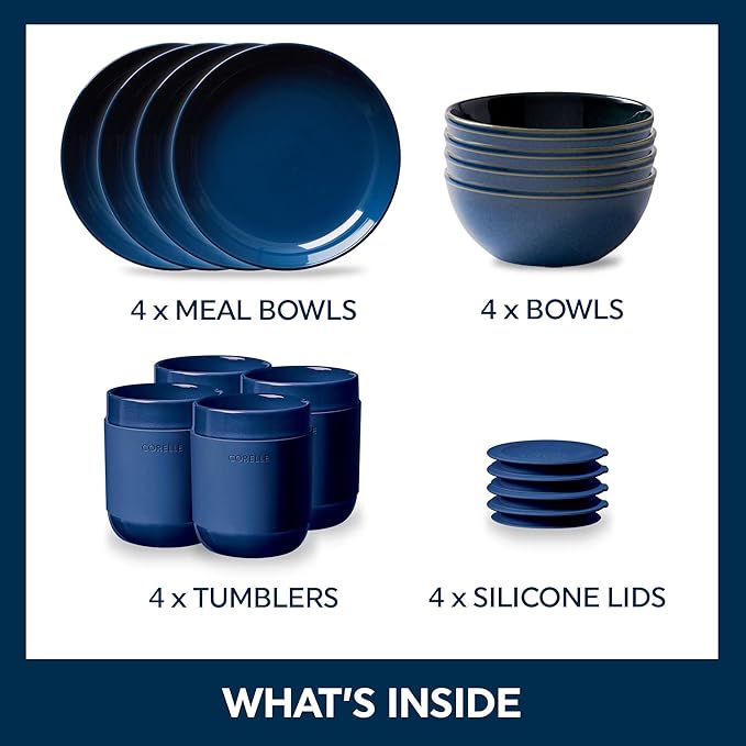 Corelle Stoneware Dinnerware Set Handmade Reactive &amp Solid Glazed Ceramic Plates and Bowls Modern Rustic Style Round Dishes Service for 4 Navy 16 PIECE SET