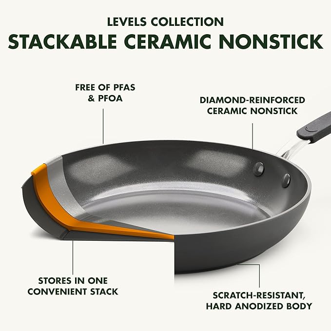 GreenPan Levels Stackable Hard Anodized Healthy Ceramic Nonstick 6 Piece Cookware Pots and Pans Set PFAS-Free Dishwasher Safe Black