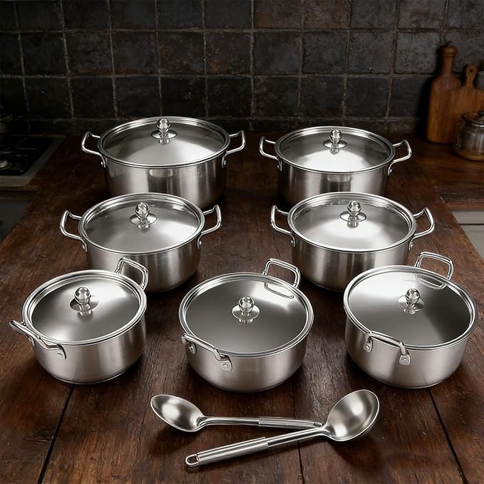 Stainless Steel Cookware Set 16 28cm Dishwasher Safe Multipurpose Kitchen Pots with Ergonomic Handles for Induction Gas Electric Stovetops