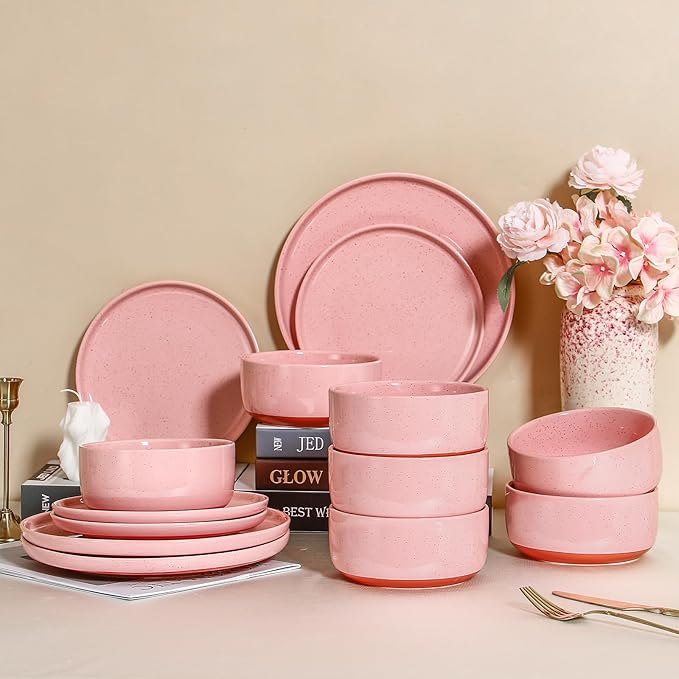 GZG Modern Art Series - 18 Pcs Speckled Stoneware Plates and Bowls Sets Ceramic Dinnerware Set with Rustic Terracotta Underside Microwave and Dishwasher Safe Handcrafted Dishes Set - Blush Pink