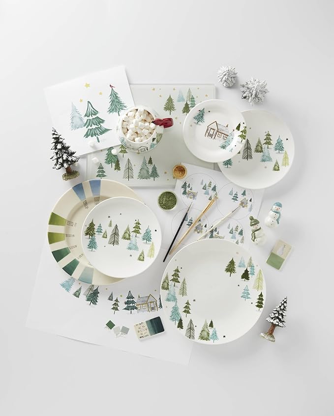 Lenox Dinnerware Balsam Lane 12-Piece Dinnerware Set Service For 4 Porcelain Dishwasher &amp Microwave Safe Plates &amp Bowls Sets Christmas Holiday Hosting Home and Kitchen (White/Green 12