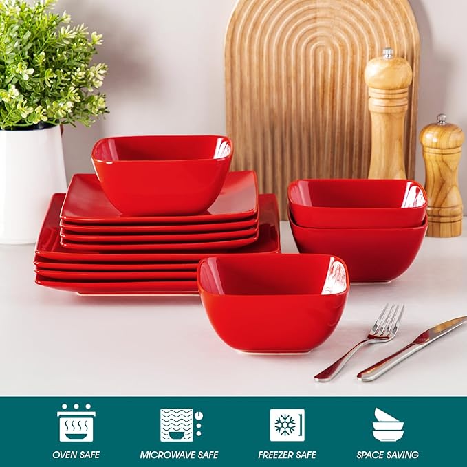 vancasso Soho Dinnerware Sets 12 Pieces Red Stoneware Square Place Setting Dinner Plate Plates and Bowls Sets Dishes Service for 4