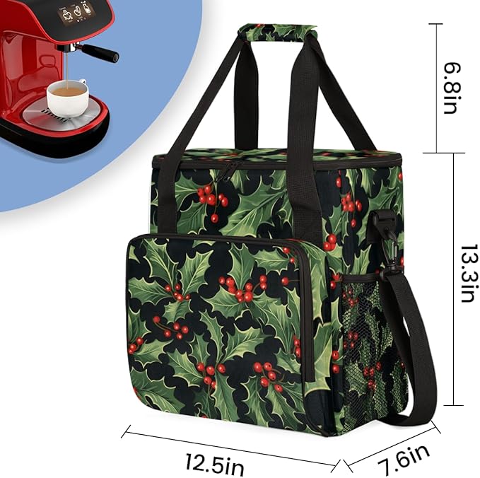 Holly Berry Flowers Coffee Maker Carrying Bag Glitter Flowers Travel Storage Bag Compatible with K-Mini or K-Mini Plus Single Serve Coffee Brewer Carrying Case with Multiple Pockets &amp Shoulder S