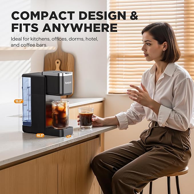 Single Serve Coffee Maker Iced and Hot Coffee Machine for K Cup &amp Grounds Compact Design 40oz Removable Water Reservoir 6 to 24 Oz Brew Sizes Fits 7.3 Travel Mug Black