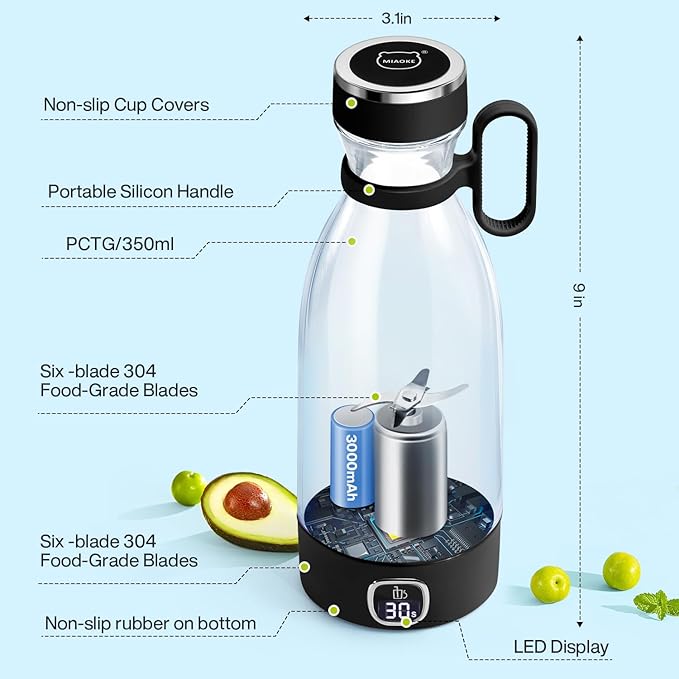 MIAOKE Portable Blender 6 Blades Juicer Cup for Juice Shakes and Smoothies 350ml Mini Blender with Led Display Usb Rechargeable3000Mah Rechargeable Battery for Home Sports Outdoors Travel-Black