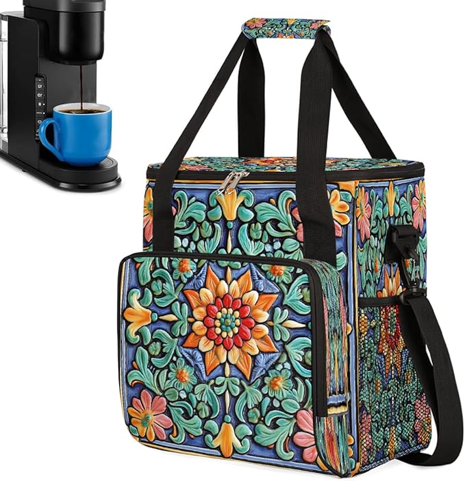 Ceramic Glass Flowers Coffee Maker Carring Bag Travel Carrying Storage Tote Bag Compatible with Keurig K-Mini or K-Mini Plus Portable Single Serve Coffee Brewer Case with Pockets for K-cup Pods