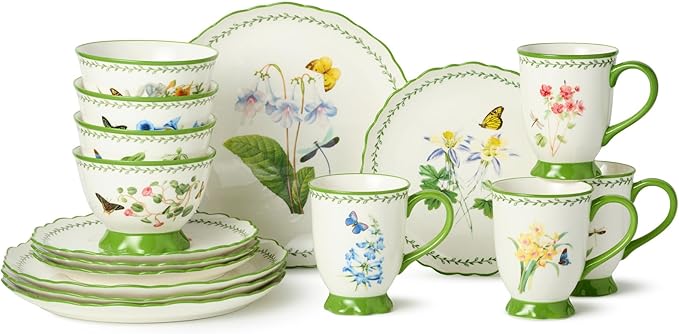 Mirabella 16-Piece Ceramic DINNERWARE SET SERVICE for FOUR with Artistic Floral Dinner Plates Salad Plates Mugs and Ice Cream Bowls Vibrant European-Inspired Tableware for Everyday Meals