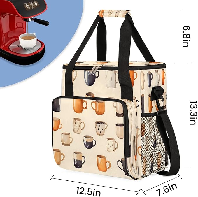 Coffee Cups Print Coffee Maker Carrying Bag Compatible with K-Mini or K-Mini Plus Portable Single Cup Coffee Maker Case with Pockets for K Cup Pods