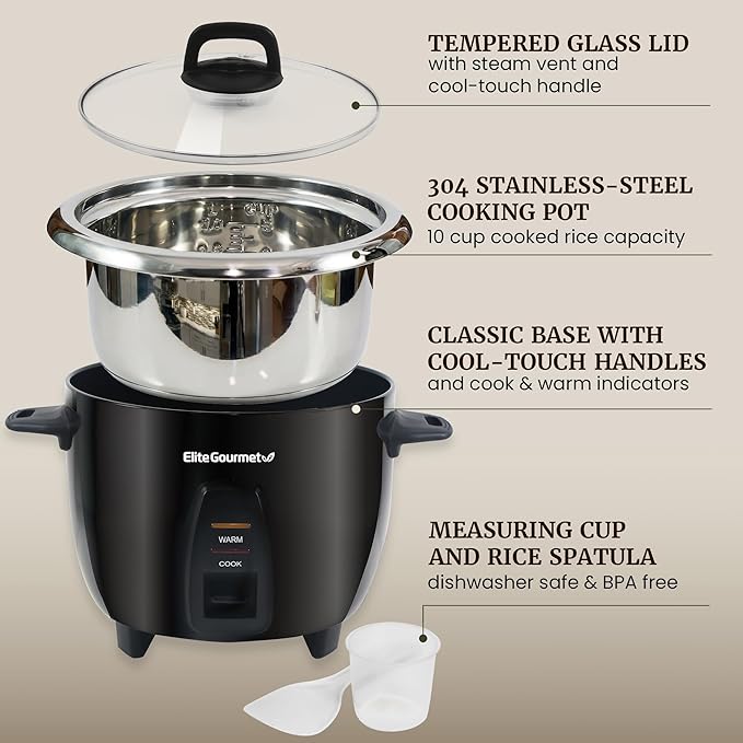 Elite Gourmet ERC2001BX 10-Cup Electric Rice Cooker with 304 Surgical Grade Stainless Steel Inner Pot Makes Soups Stews Porridges Grains and Cereals