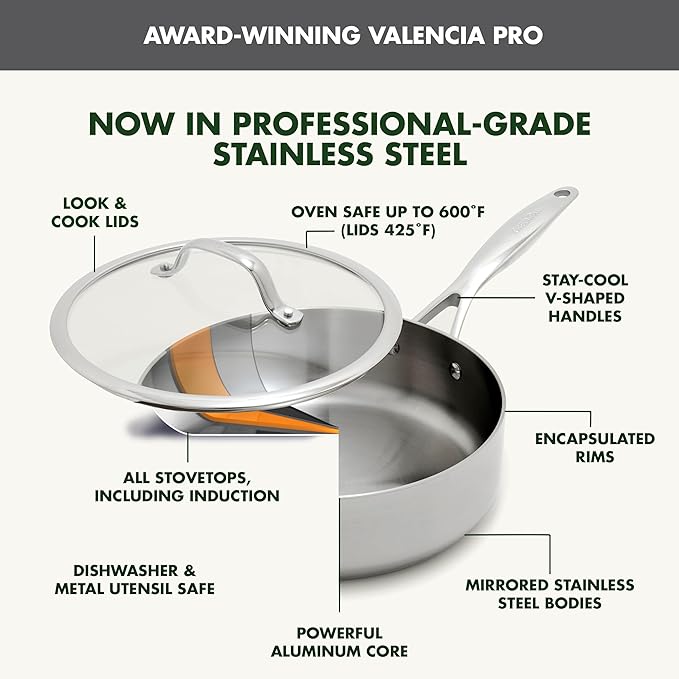 GreenPan Valencia Pro Tri-Ply Stainless Steel 9 Piece Cookware Set Induction Ready Pots &amp Pans Mirror Finish Dishwasher &amp Oven/Broiler Safe to 600F Compatible with All Cooktops
