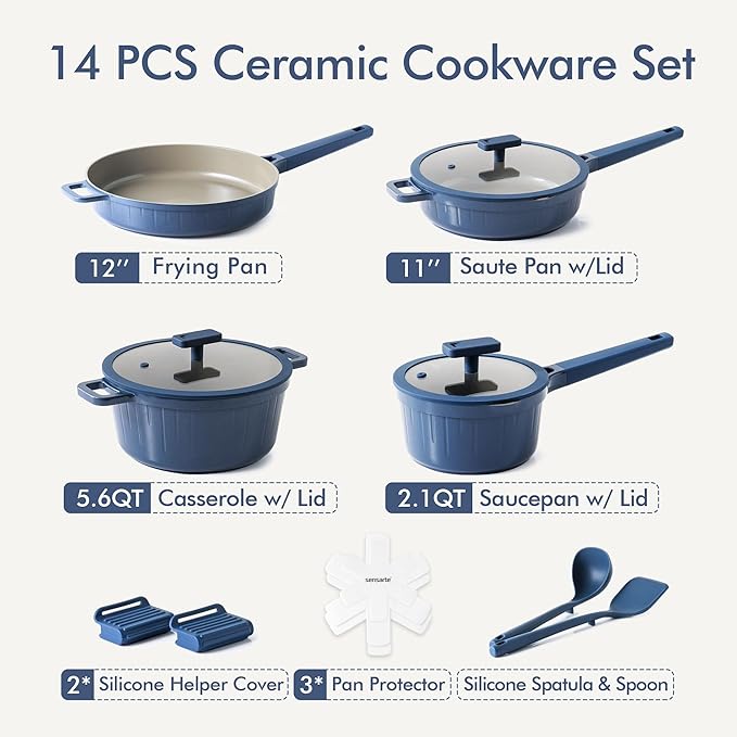 SENSARTE 17 Pcs Nonstick Detachable Handle Cookware Set 14 Pcs Nonstick Ceramic Pots and Pans Set w/Frying Pans Set Saucepans Set