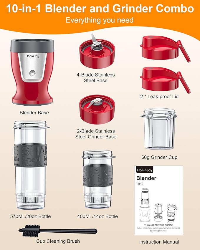 Smoothie Blender 650W Personal Blenders for Shakes and Smoothies with Grinder Cup &amp 2 BPA-Free Portable Cups (20oz+14oz) Portable Blender for Juices Smoothies Maker for Kitchen Red