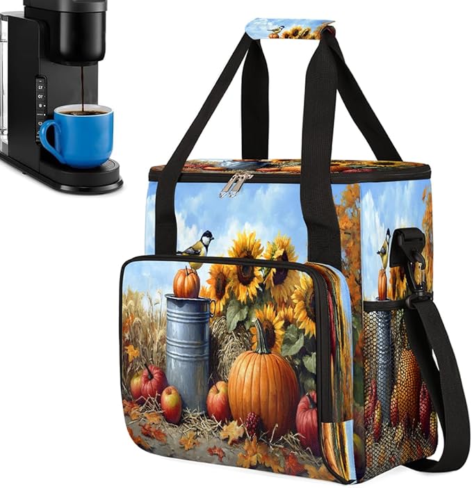 Sunflower Pumpkin Bird Apple Coffee Maker Carring Bag Travel Carrying Storage Tote Bag Compatible with Keurig K-Mini or K-Mini Plus Portable Single Serve Coffee Brewer Case with Pockets