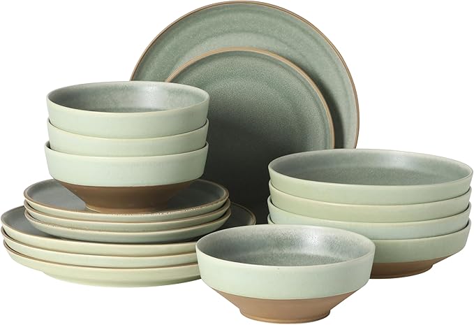 Gibson Elite Octavia Place 16 Piece Stoneware Dinnerware Set Service for 4 Coupe Modern Plates &amp Bowls Reactive Glaze Finish Green Microwave &amp Dishwasher Safe