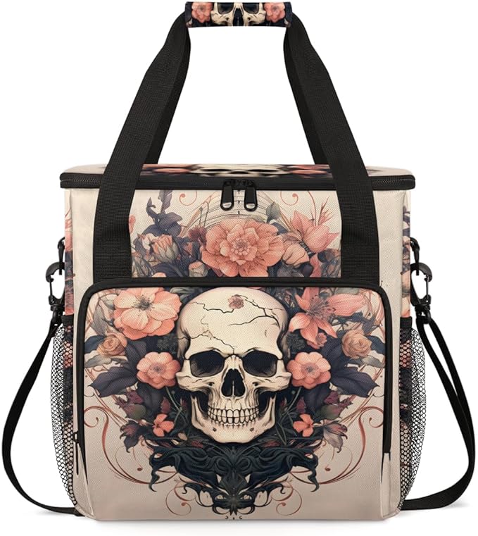 Skull Flowers Coffee Maker Carrying Bag Portable Travel Storage Tote Bag Compatible with K-Mini or K-Mini Plus Single Serve Coffee Brewer Carrying Case with Multiple Pockets &amp Shoulder Strap