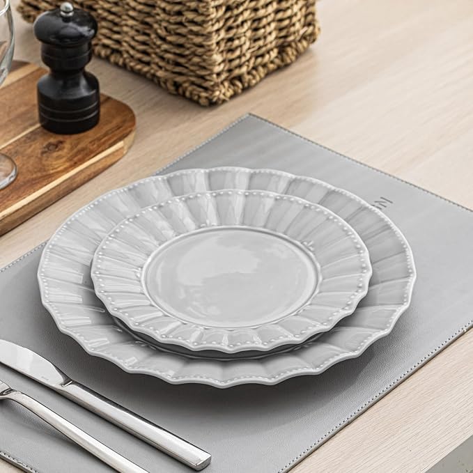 HOMBENE Dinnerware set 12 Piece plates and bowls sets for 4 Ceramic Modern dish set for party Porcelain dish set House gift Microwavable safe Light Grey