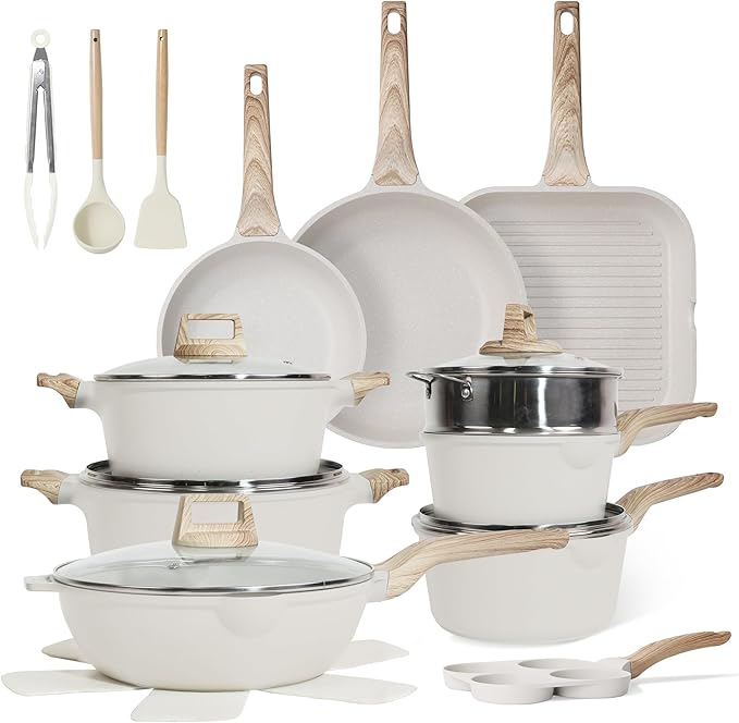 23Pcs Pots and Pans Set Non Stick Kitchen Cookware Sets Granite Induction Cookware Non Stick Cooking Set w/Frying Pans Saucepans Griddle EggPan (White)