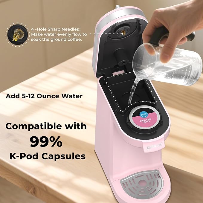 CHULUX Mini Coffee Maker for K Capsule Single Serve Coffee Maker for One Cup Americano Lightweight Pod Coffee Machine Dusty Rose