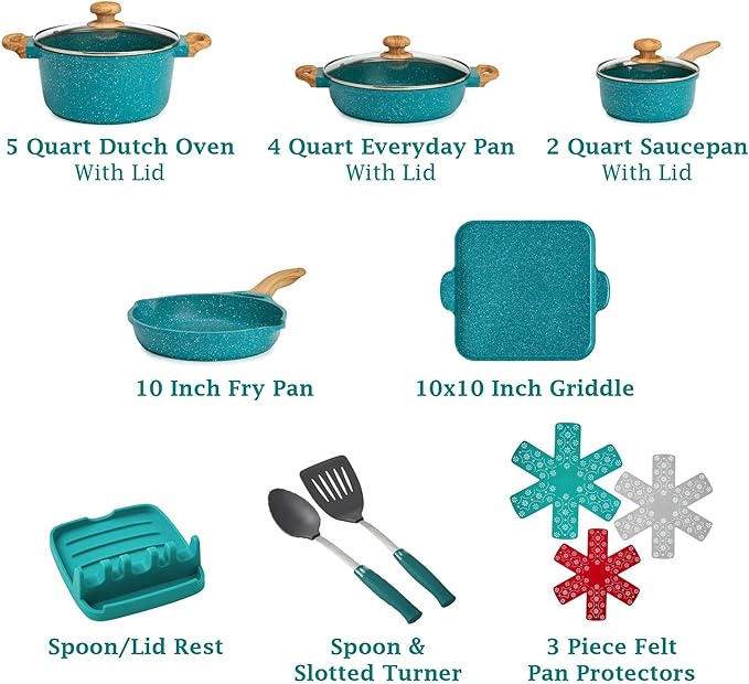 14-Piece Cast Aluminum Cookware Set with Lids Utensils and Pan Protectors – Nonstick Interior &amp Speckled Exterior – Teal Speckle