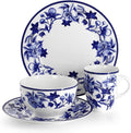 Cattleya Orchid 16 Piece Porcelain Dinnerware Set Blue and White Floral Round Plates and Bowls Service for 4 Dishwasher and Microwave Safe