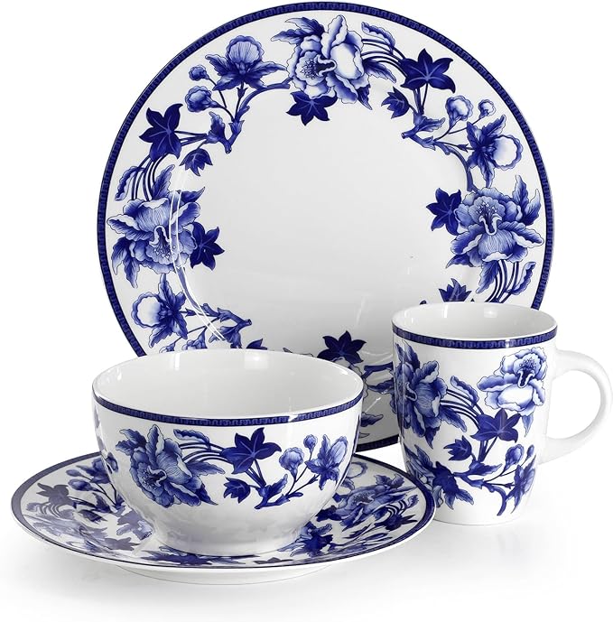 Cattleya Orchid 16 Piece Porcelain Dinnerware Set Blue and White Floral Round Plates and Bowls Service for 4 Dishwasher and Microwave Safe