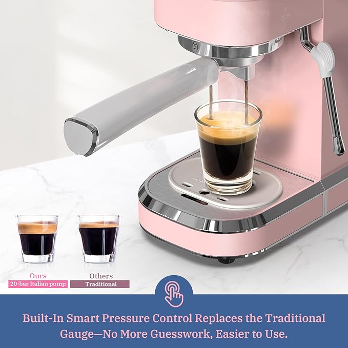 Laekerrt Professional Espresso Machine 20 Bar Espresso Maker with Milk Frother Steam Wand Stainless Steel Home Coffee Machines for Cappuccino and Latte Gift for Women Wife Daughter or Mom Pink