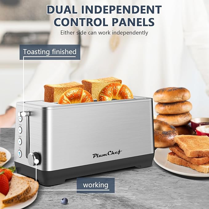 4-Slice Extra Wide Long Slot ToasterStainless Steel Removable Crumb Tray 6 Browning Settings &amp Bagel/Defrost/Reheat Functionsstainless steel 1500W