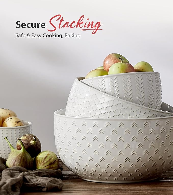 Lareina Dinnerware Sets 24 Piece Service for 8 with Large Mixing Bowls Set of 4 Vintage White