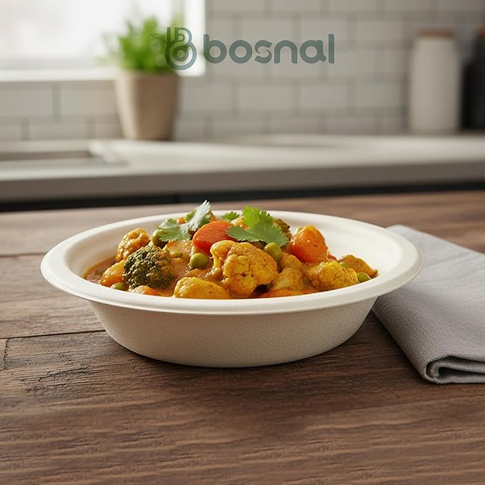 BOSNAL 10 inch &amp 7 inch Round Plates 10 inch Oval Plates 16 oz Bowls &amp 8 oz Cups with Lids &amp Cutlery – 100% Plant-Based Bagasse Eco-Friendly Compostable Microwave Safe Durable Dinner
