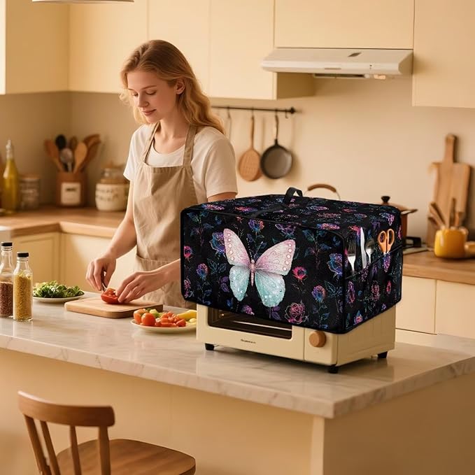 Butterfly Rose Print Toaster Oven Cover Wide Slot Washable Dustproof Bread Maker Covers Compatible with Air Fryer Toaster Smart Oven 18.5 x 14.5 x 9 Black