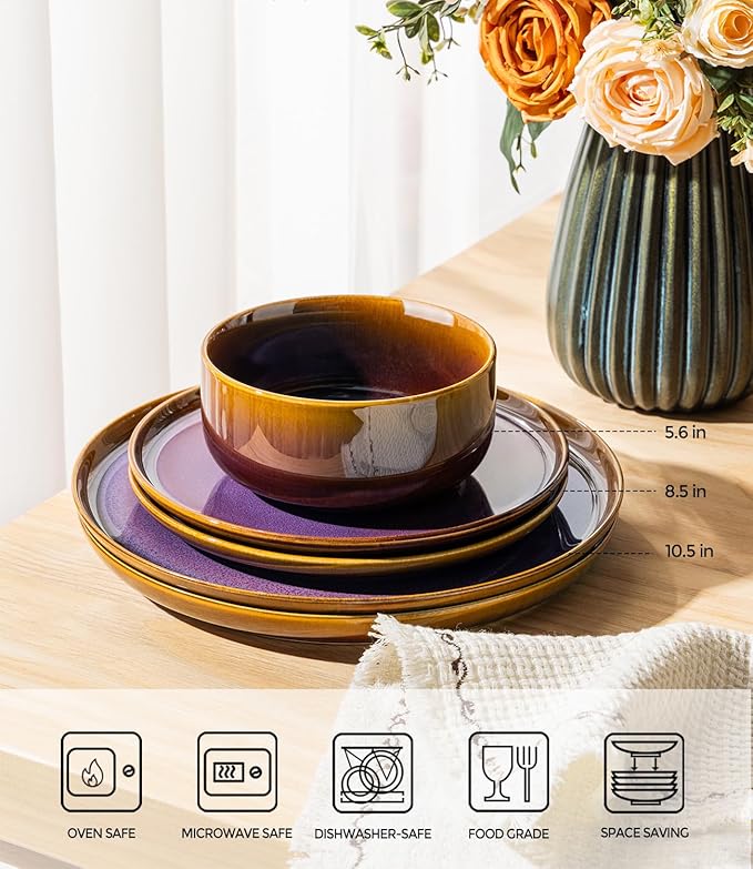 TheTerra Ceramic Dinnerware Sets for 4 12 Pieces Handmade Reactive Glaze Plates and Bowls Set Scratch Resistant Dish Set Oven &amp Microwave &amp Dishwasher Safe Amber Amethyst