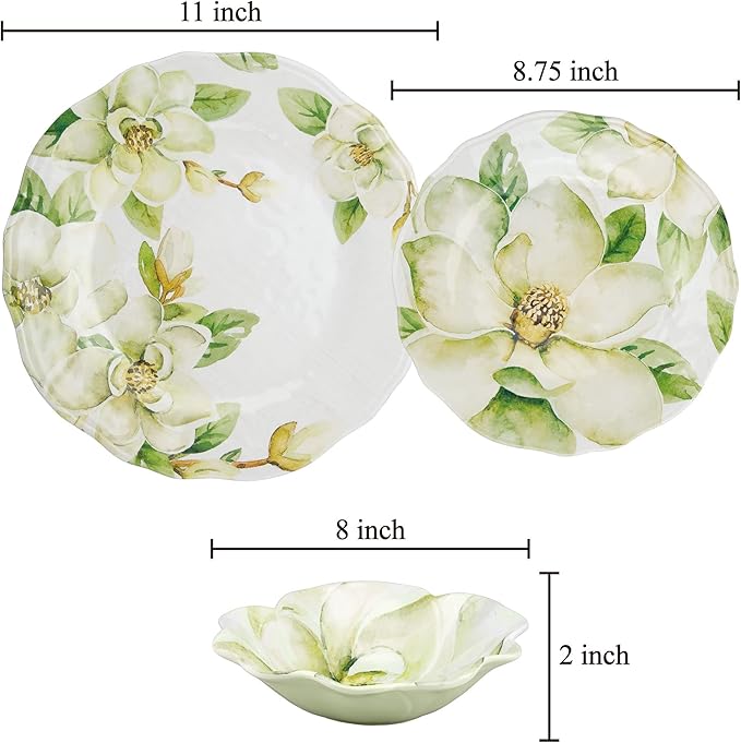 UPware 12 Piece Magnolia Melamine Dinnerware Sets Outdoor Dishes Set Plates and Bowls Sets Service for 4 Green