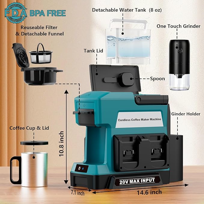 Cordless Coffee Maker for Makita 18V Battery 3 Brewing Options Drip Coffee Maker with Coffee Grinder Portable Single Serve Coffee Makers for Camping Travel and Jobsite. (Tool Only)