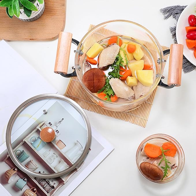 Glass Saucepan with Cover for Cooking Glass Cooking Pot with Lid Glass Handmade Cookware Set Stovetop Pot Simmer Pot for Pasta Noodle Soup Milk Tea Salad5.5l