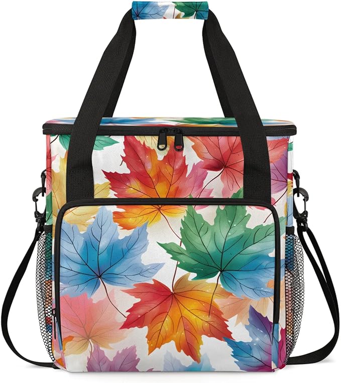 Colorful Maple Leaves Coffee Maker Travel Bag for Keurig K-Mini/K-Mini Plus Insulated Waterproof Tote with Pockets for K-Cup Portable Single-Serve Brewer Case