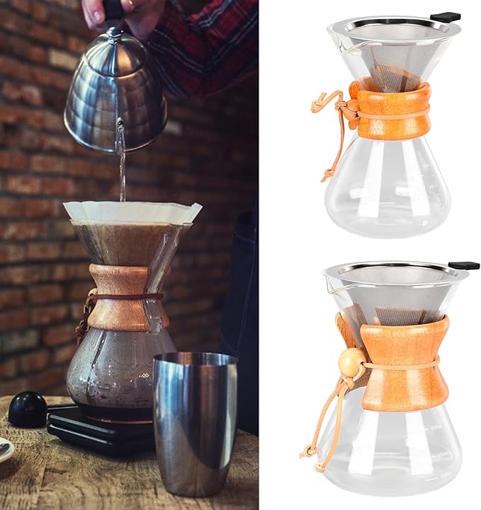 Pour Over Coffee Pot Glass Coffee Kettle Simple Design Drip Coffee Maker Heat Resistance Tea Pot with Resuable Stainless Steel Filter and Capacity Scale for Coffee Lovers (600ml)