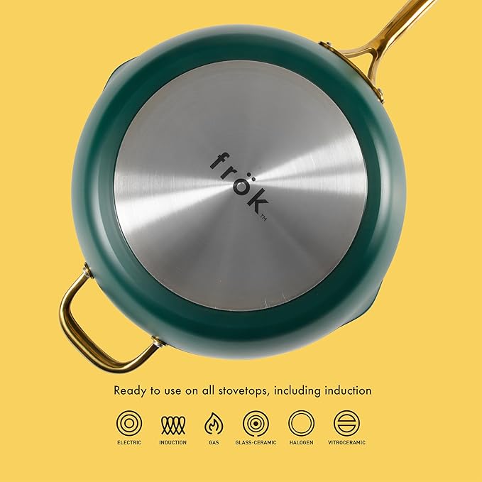 Frok 13 Frying Pan Wok Skillet 4MM Thick Quick Heat Aluminum Cookware w/Aluminum Lid Premium PFA Free Ceramic Nonstick Interior &amp Heat Resistant Exterior - Induction - Green &amp Gold