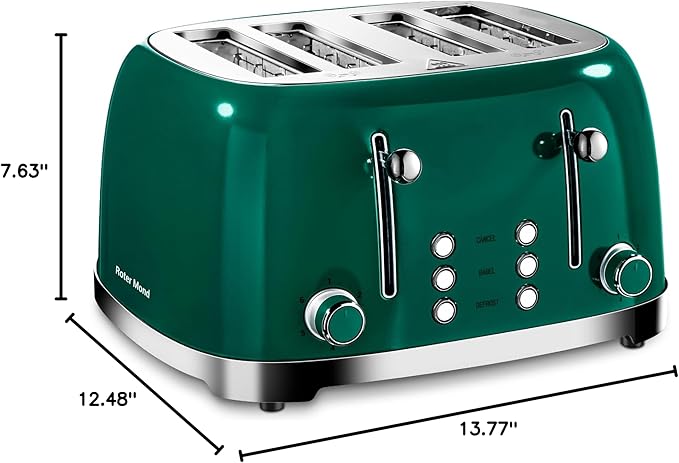 Roter Mond 4 Slice Toaster Retro Stainless Steel with Bagel Defrost Cancel Function 6 Browning Settings Extre Wide Slot and Removable Crumb Tray Green ST033
