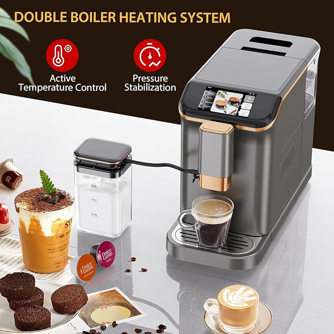Espresso Maker With Milk Frother - Fully Automatic 4-Beverage Options Built-In Grinder Intuitive Touch Display and Sleek Gunmetal Finish