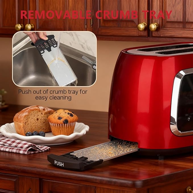 Toaster 2 Slice Smart Touch Screen Retro 1.5'' Extra Wide Slot Stainless Steel Digital Bread Toaster with Memory Function Bagel Defrost 6 Browning Levels and Removable Crumb Tray Red