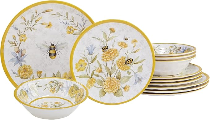 Unknown1 Bee Sweet 12-Piece Dinnerware Set Service for 4 Multi Color Off/White Yellow Floral Country Round 12 Piece Dishwasher Safe