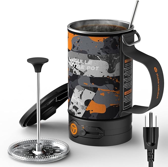 Electric French Press Coffee Maker 120V Boil Water &amp Press Coffee 2-in-1 Portable Design for Camping Travel 6 Minute Brew Ready